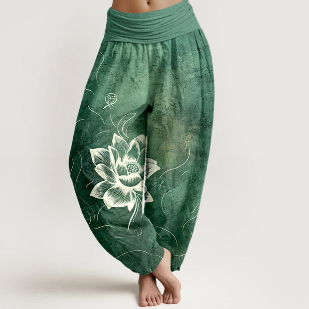 Buddha Stones Pure Cotton Lotus Flower Pattern Women's Elastic Waist Harem Pants - SeaGreen - US16，UK/AU20，EU48 (3XL) - image 0