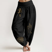Buddha Stones Om Dhi Symbols Lotus Buddha's Hand Pattern Women's Elastic Waist Harem Cotton Pants - Black - US16，UK/AU20，EU48 (3XL) - image 0