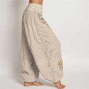 Buddha Stones Om Dhi Symbols Lotus Buddha's Hand Pattern Women's Elastic Waist Harem Cotton Pants - image 12