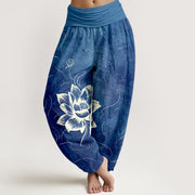 Buddha Stones Pure Cotton Lotus Flower Pattern Women's Elastic Waist Harem Pants - RoyalBlue - US16，UK/AU20，EU48 (3XL) - image 5