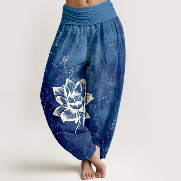 Buddha Stones Pure Cotton Lotus Flower Pattern Women's Elastic Waist Harem Pants - RoyalBlue - US16，UK/AU20，EU48 (3XL) - image 5