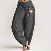 Buddha Stones Pink Lotus Flower Lotus Leaves Pattern Women's Elastic Waist Harem Pure Cotton Pants - DimGray - US16，UK/AU20，EU48 (3XL) - image 0