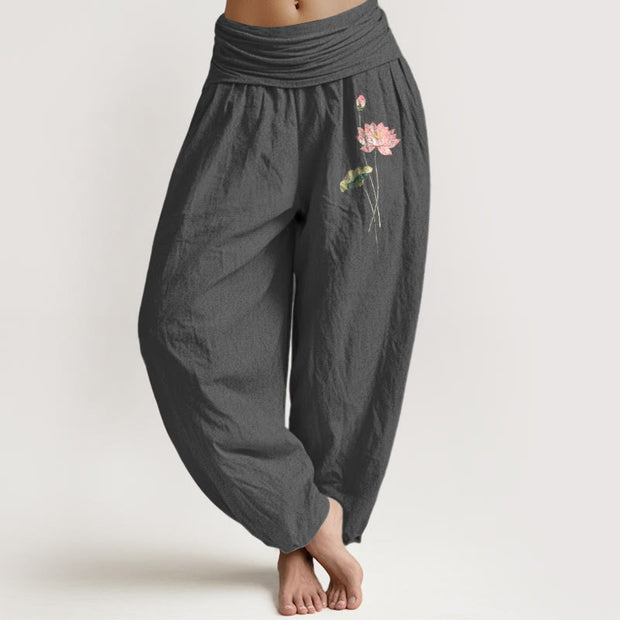 Buddha Stones Pink Lotus Flower Lotus Leaves Pattern Women's Elastic Waist Harem Pure Cotton Pants - DimGray - US16，UK/AU20，EU48 (3XL) - image 0