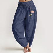 Buddha Stones Pink Lotus Flower Lotus Leaves Pattern Women's Elastic Waist Harem Pure Cotton Pants - DarkSlateBlue - US16，UK/AU20，EU48 (3XL) - image 8