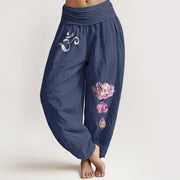 Buddha Stones Blooming Lotus Om Symbol Pattern Women's Elastic Waist Harem Pure Cotton Pants - DarkSlateBlue - US16，UK/AU20，EU48 (3XL) - image 5