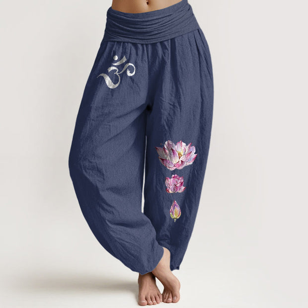 Buddha Stones Blooming Lotus Om Symbol Pattern Women's Elastic Waist Harem Pure Cotton Pants - DarkSlateBlue - US16，UK/AU20，EU48 (3XL) - image 5
