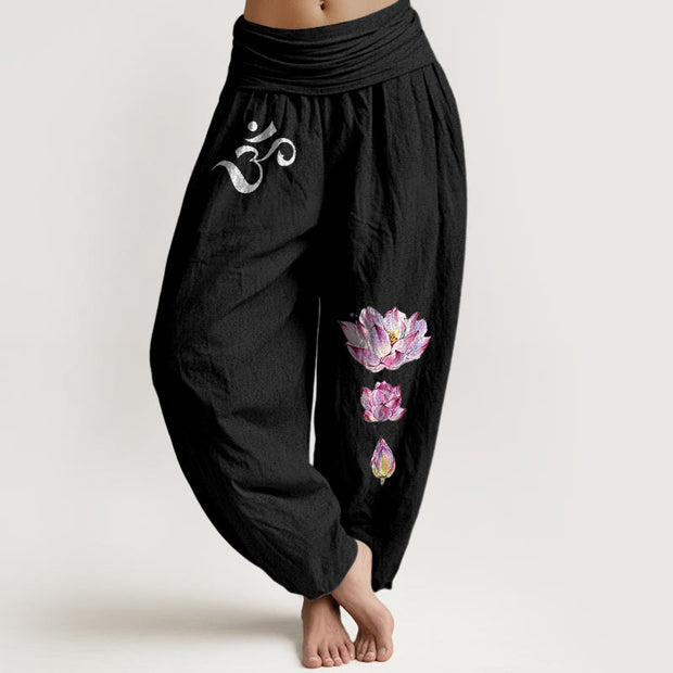Buddha Stones Blooming Lotus Om Symbol Pattern Women's Elastic Waist Harem Pure Cotton Pants - Black - US16，UK/AU20，EU48 (3XL) - image 0