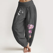Buddha Stones Blooming Lotus Om Symbol Pattern Women's Elastic Waist Harem Pure Cotton Pants - DimGray - US16，UK/AU20，EU48 (3XL) - image 8