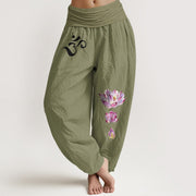 Buddha Stones Blooming Lotus Om Symbol Pattern Women's Elastic Waist Harem Pure Cotton Pants - OliveDrab - US16，UK/AU20，EU48 (3XL) - image 14