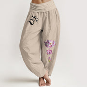 Buddha Stones Blooming Lotus Om Symbol Pattern Women's Elastic Waist Harem Pure Cotton Pants - Tan - US16，UK/AU20，EU48 (3XL) - image 11