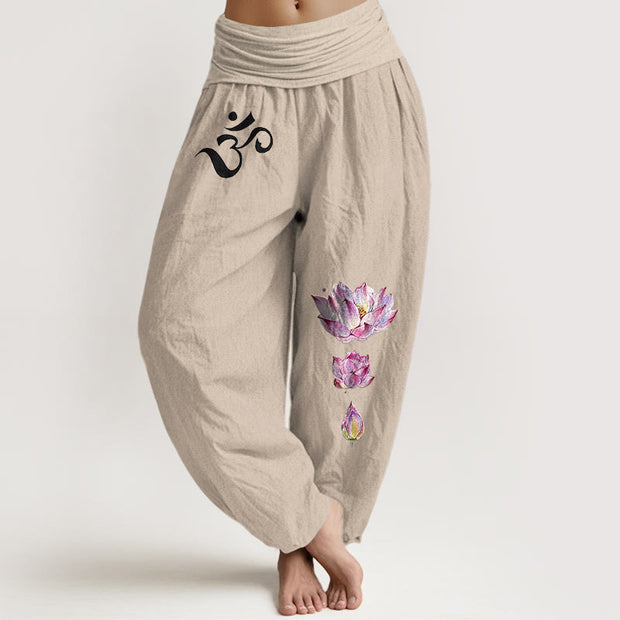 Buddha Stones Blooming Lotus Om Symbol Pattern Women's Elastic Waist Harem Pure Cotton Pants - Tan - US16，UK/AU20，EU48 (3XL) - image 11