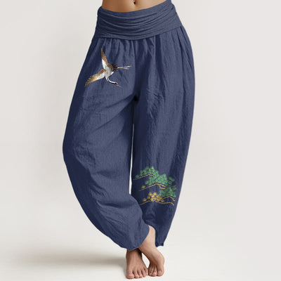 Buddha Stones Women's Pure Cotton Crane Pine Tree Pattern Elastic Waist Harem Pants - DarkSlateBlue - US16，UK/AU20，EU48 (3XL) - image 0