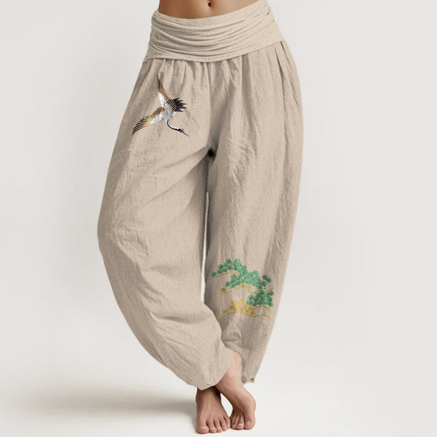 Buddha Stones Women's Pure Cotton Crane Pine Tree Pattern Elastic Waist Harem Pants - Tan - US16，UK/AU20，EU48 (3XL) - image 11