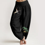 Buddha Stones Women's Pure Cotton Crane Pine Tree Pattern Elastic Waist Harem Pants - Black - US16，UK/AU20，EU48 (3XL) - image 5