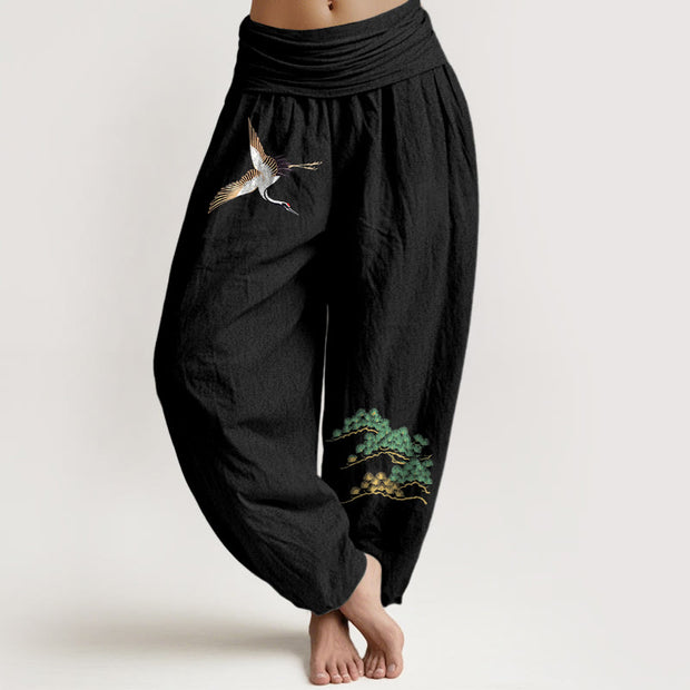 Buddha Stones Women's Pure Cotton Crane Pine Tree Pattern Elastic Waist Harem Pants - Black - US16，UK/AU20，EU48 (3XL) - image 5