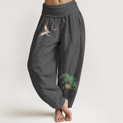 Buddha Stones Women's Pure Cotton Crane Pine Tree Pattern Elastic Waist Harem Pants - DimGray - US16，UK/AU20，EU48 (3XL) - image 8