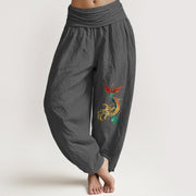 Buddha Stones Women's Pure Cotton Colored Phoenix Pattern Elastic Waist Harem Pants - DimGray - US16，UK/AU20，EU48 (3XL) - image 8
