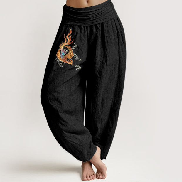 Buddha Stones Women's Pure Cotton Phoenix Auspicious Cloud Pattern Elastic Waist Harem Pants - Black - US16，UK/AU20，EU48 (3XL) - image 5