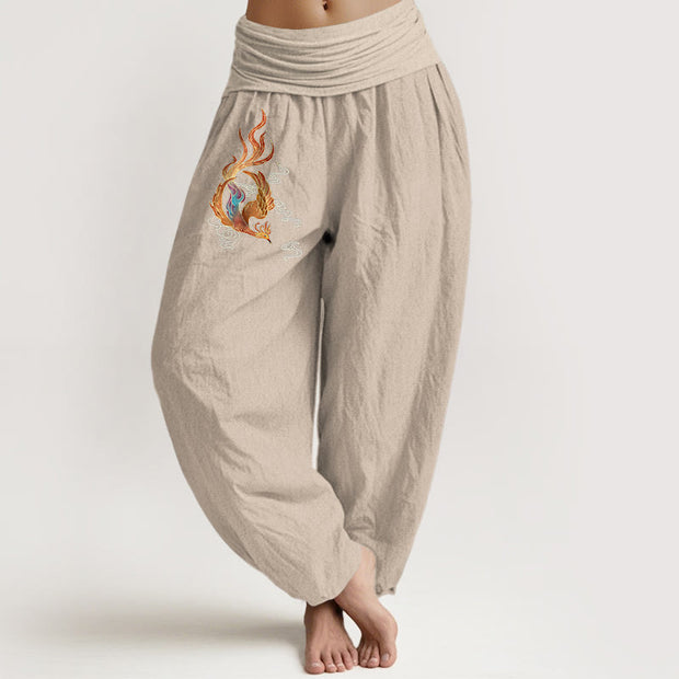 Buddha Stones Women's Pure Cotton Phoenix Auspicious Cloud Pattern Elastic Waist Harem Pants - Tan - US16，UK/AU20，EU48 (3XL) - image 11