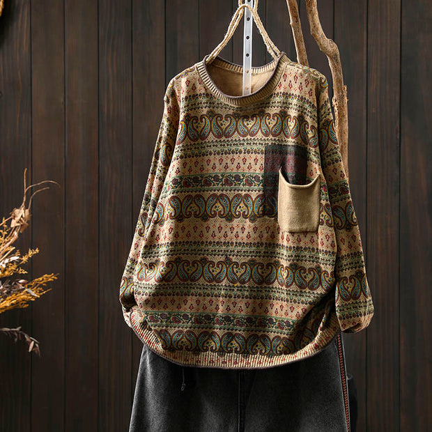 Buddha Stones Fall Plant Floral Pattern Crew Neck Long Sleeve Women's Cotton Sweater With Pocket - Khaki - US4-6，UK/AU8-19，EU36-38(F) - image 13