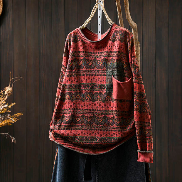 Buddha Stones Fall Plant Floral Pattern Crew Neck Long Sleeve Women's Cotton Sweater With Pocket - Red - US4-6，UK/AU8-19，EU36-38(F) - image 2