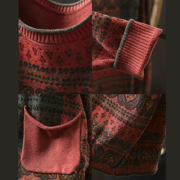 Buddha Stones Fall Plant Floral Pattern Crew Neck Long Sleeve Women's Cotton Sweater With Pocket - image 12