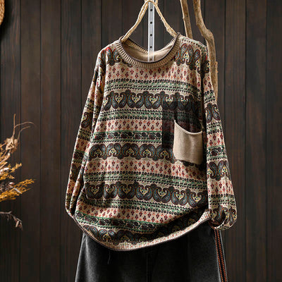 Buddha Stones Fall Plant Floral Pattern Crew Neck Long Sleeve Women's Cotton Sweater With Pocket - AntiqueWhite - US4-6，UK/AU8-19，EU36-38(F) - image 0