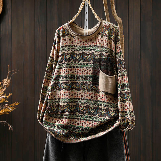 Buddha Stones Fall Plant Floral Pattern Crew Neck Long Sleeve Women's Cotton Sweater With Pocket - AntiqueWhite - US4-6，UK/AU8-19，EU36-38(F) - image 0