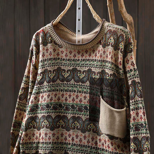 Buddha Stones Fall Plant Floral Pattern Crew Neck Long Sleeve Women's Cotton Sweater With Pocket - image 1