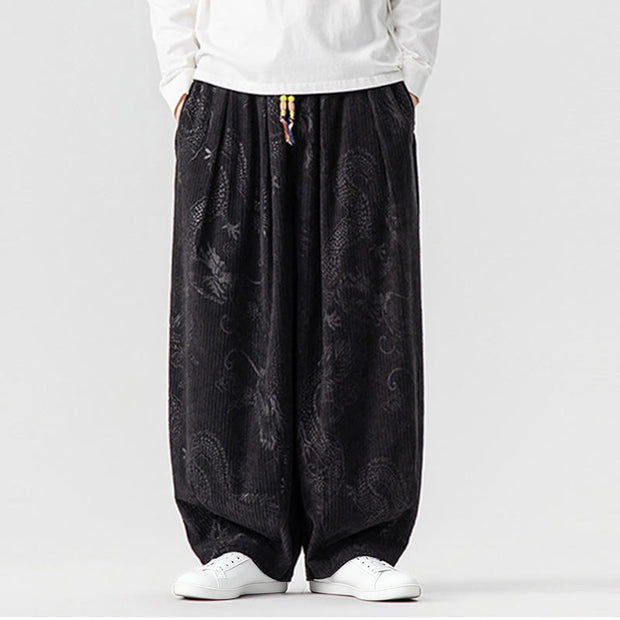 Buddha Stones Winter Dragon Phoenix Pattern Cotton Corduroy Men's Harem Pants With Pockets - Black - US/UK/AU46，EU56 (5XL) - image 31