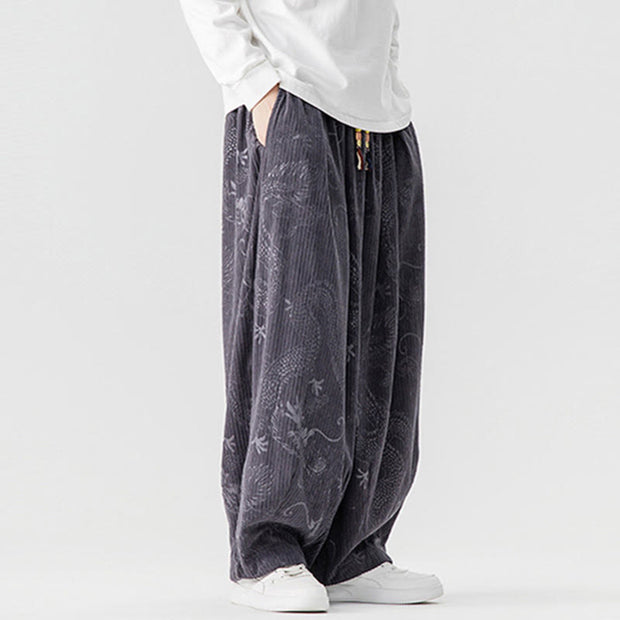 Buddha Stones Winter Dragon Phoenix Pattern Cotton Corduroy Men's Harem Pants With Pockets - image 26