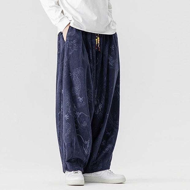 Buddha Stones Winter Dragon Phoenix Pattern Cotton Corduroy Men's Harem Pants With Pockets - image 19