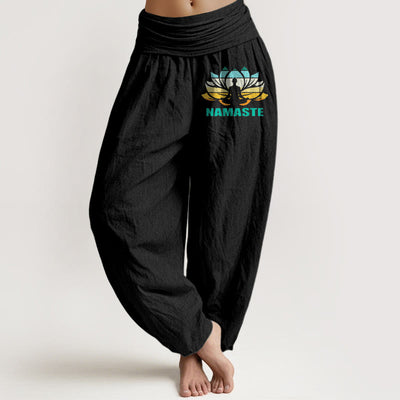 Buddha Stones "Namaste" Meditating Figure Lotus Pattern Women's Elastic Waist Harem Pure Cotton Pants - Black - US16，UK/AU20，EU48 (3XL) - image 0