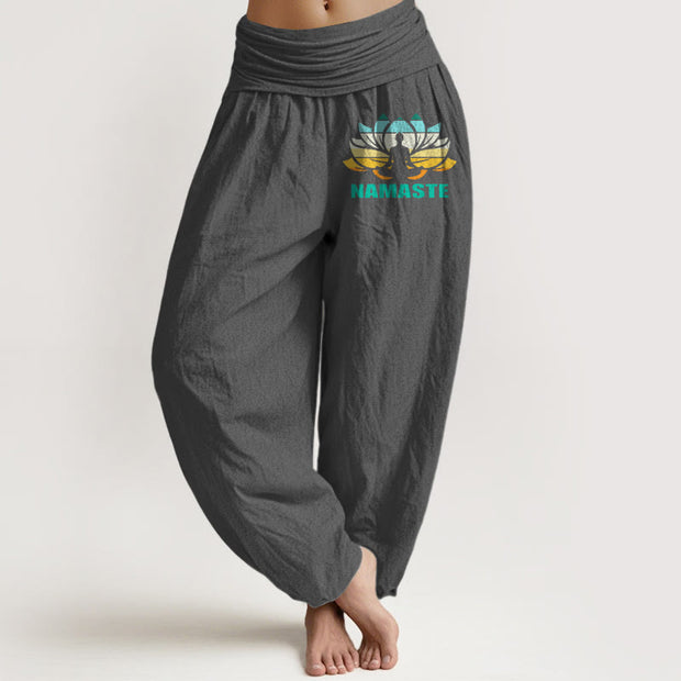 Buddha Stones "Namaste" Meditating Figure Lotus Pattern Women's Elastic Waist Harem Pure Cotton Pants - DimGray - US16，UK/AU20，EU48 (3XL) - image 8