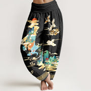 Buddha Stones Pure Cotton Landscape Cranes Clouds Pattern Women's Elastic Waist Harem Pants - Black - US16，UK/AU20，EU48 (3XL) - image 0