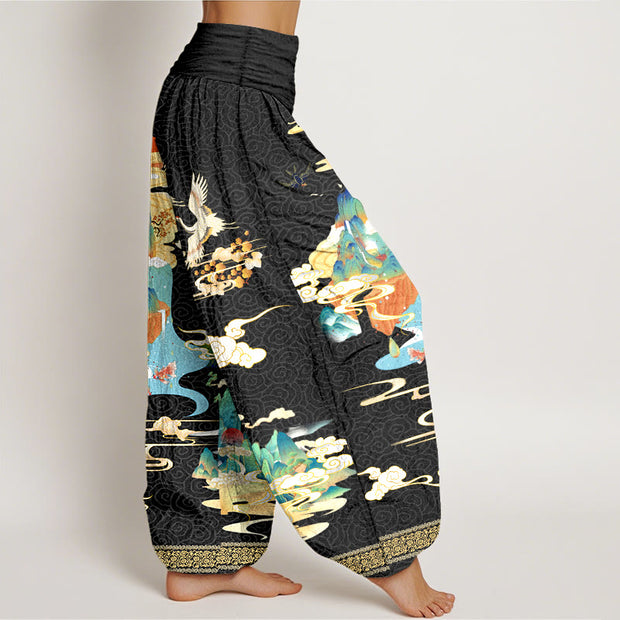 Buddha Stones Pure Cotton Landscape Cranes Clouds Pattern Women's Elastic Waist Harem Pants - image 2