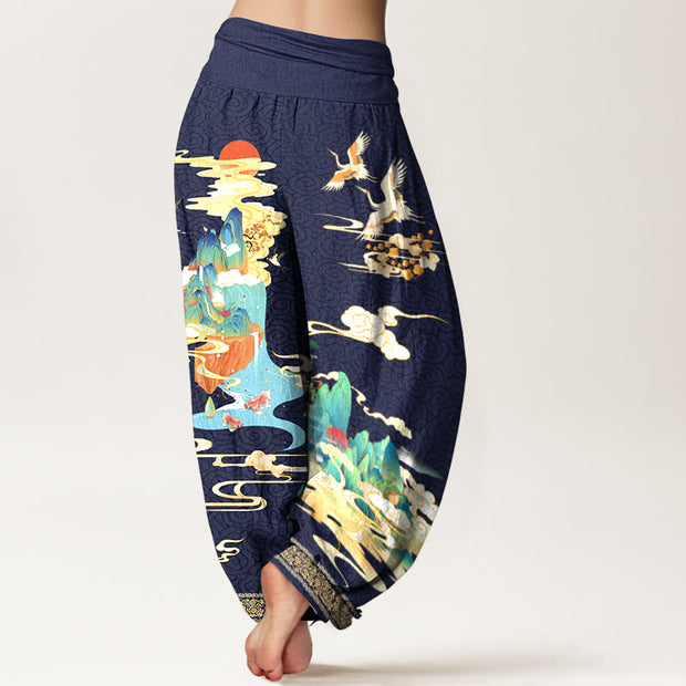 Buddha Stones Pure Cotton Landscape Cranes Clouds Pattern Women's Elastic Waist Harem Pants - image 9