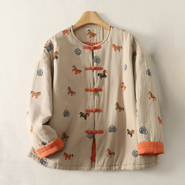 Buddha Stones Horse Fu Character Pattern Frog-Button Design Women's Cotton Long Sleeve Thickened Jacket - image 2