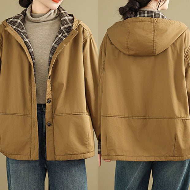 Buddha Stones Plaid Hoodie Pattern Women's Long Sleeve Cotton Thickened Jacket With Pockets - image 3