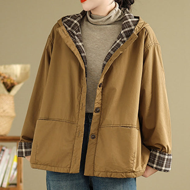 Buddha Stones Plaid Hoodie Pattern Women's Long Sleeve Cotton Thickened Jacket With Pockets - image 2