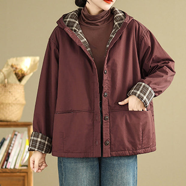 Buddha Stones Plaid Hoodie Pattern Women's Long Sleeve Cotton Thickened Jacket With Pockets - image 6