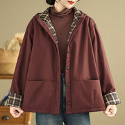 Buddha Stones Plaid Hoodie Pattern Women's Long Sleeve Cotton Thickened Jacket With Pockets - image 5