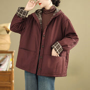 Buddha Stones Plaid Hoodie Pattern Women's Long Sleeve Cotton Thickened Jacket With Pockets - Maroon - US12，UK/AU16，EU44 (XL) - image 4