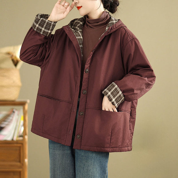 Buddha Stones Plaid Hoodie Pattern Women's Long Sleeve Cotton Thickened Jacket With Pockets - Maroon - US12，UK/AU16，EU44 (XL) - image 4