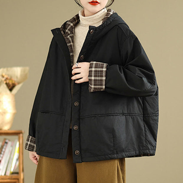 Buddha Stones Plaid Hoodie Pattern Women's Long Sleeve Cotton Thickened Jacket With Pockets - image 14