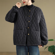Buddha Stones Diamond Grid Pattern Women's Long Sleeve Cotton Thickened Jacket With Pockets - image 3