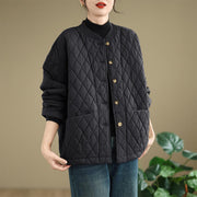 Buddha Stones Diamond Grid Pattern Women's Long Sleeve Cotton Thickened Jacket With Pockets - image 2