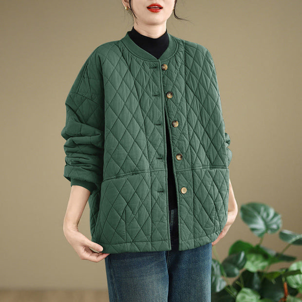 Buddha Stones Diamond Grid Pattern Women's Long Sleeve Cotton Thickened Jacket With Pockets - image 7