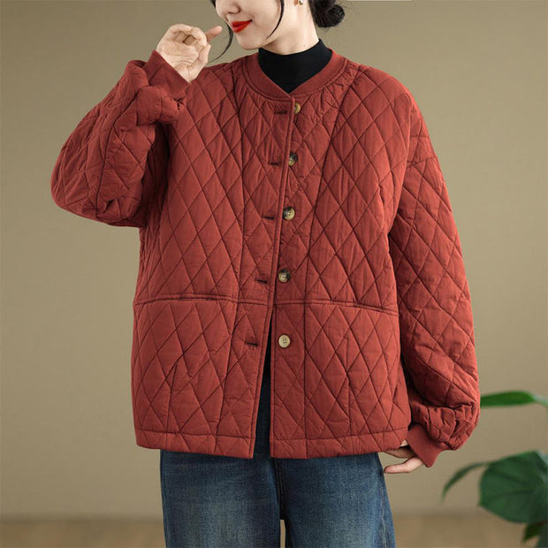 Buddha Stones Diamond Grid Pattern Women's Long Sleeve Cotton Thickened Jacket With Pockets - image 13