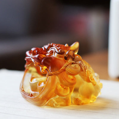 Buddha Stones Handmade Liuli Crystal Gold Swallowing PiXiu Art Piece Home Decoration - Yellow Pixiu 7.8*6.5*5.5 cm - image 0